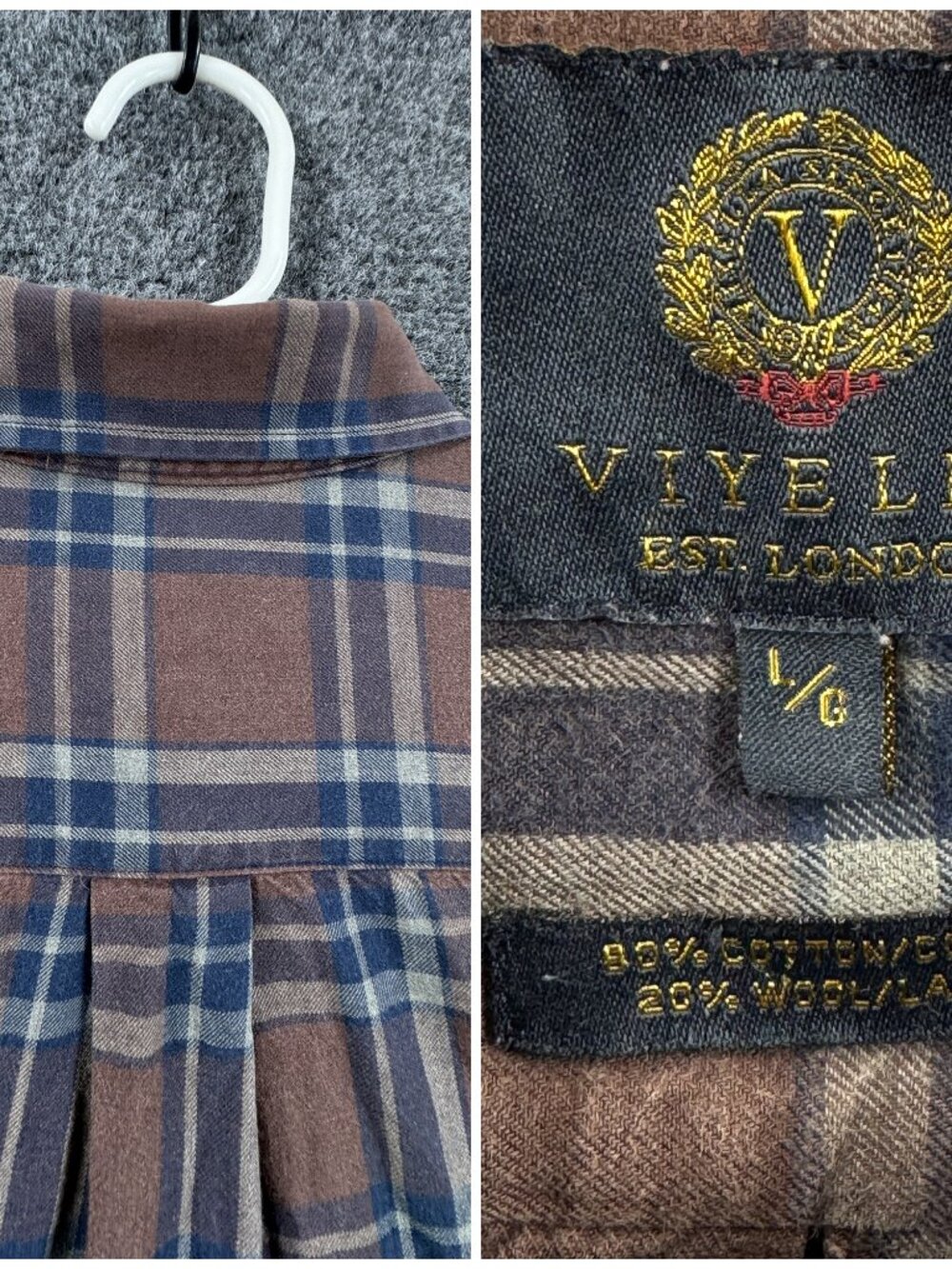 Viyella Flannel Plaid Brown Blue Men Canada Large Button-Down Pocket Cotton Wool - Picture 15 of 16